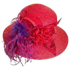 Red Hat Society Feather Bow Embellished Straw Hat